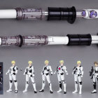 Detailed Lightsaber Hilt Models with Interchangeable Parts and Action Figures posed in Various Weapon Configurations