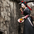 Traditional Geisha Holding Teacup in Alley with Textured Wall