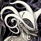 Detailed black and white illustration of menacing tentacled creature with sharp teeth.
