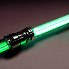 Green-bladed lightsaber with black hilt on dark surface