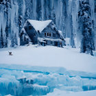 Winter scene: snowy cabin, icy trees, dog by frozen pond