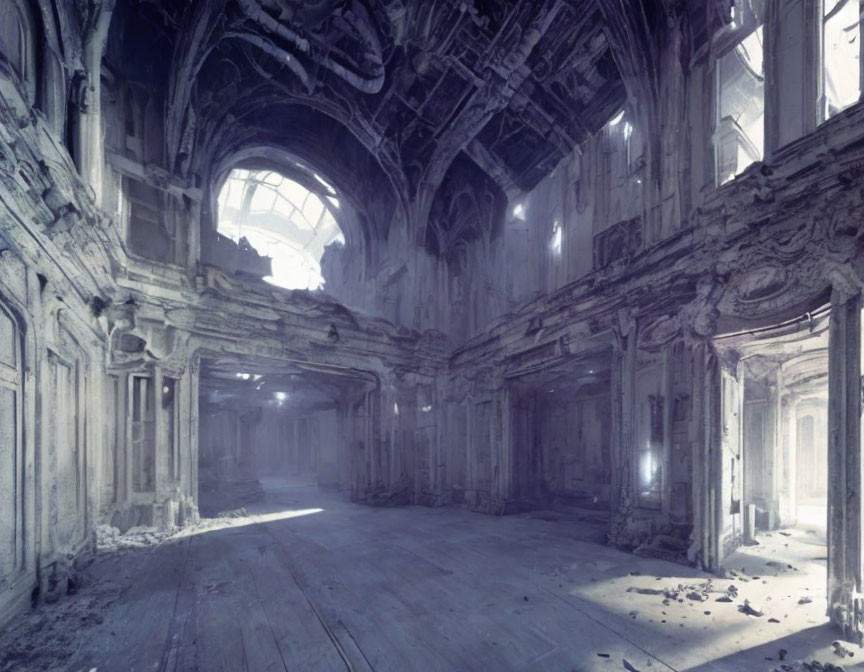 Decaying grand hall with ornate columns and rubble under natural light