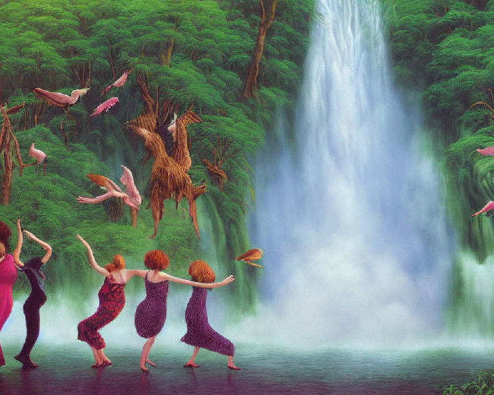 Vibrant painting of joyful dancing by waterfall with whimsical flamingos