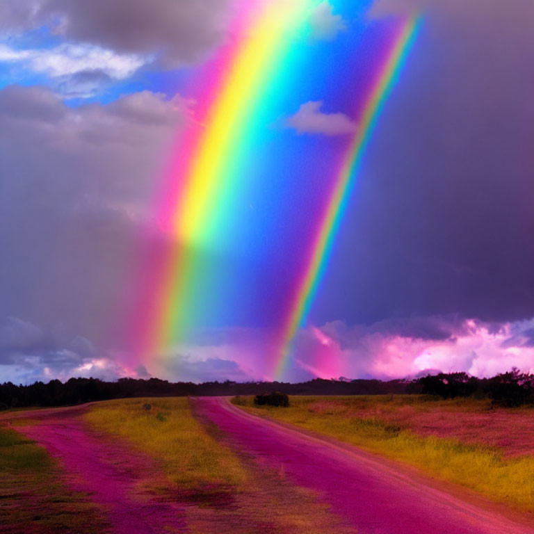 Colorful rainbow over stormy sky and grassy field path
