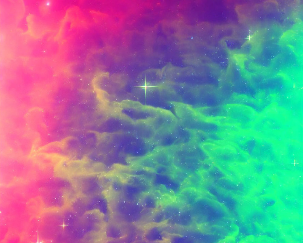 Colorful cosmic scene: neon green and purple hues, dreamy nebula effect, twinkling stars