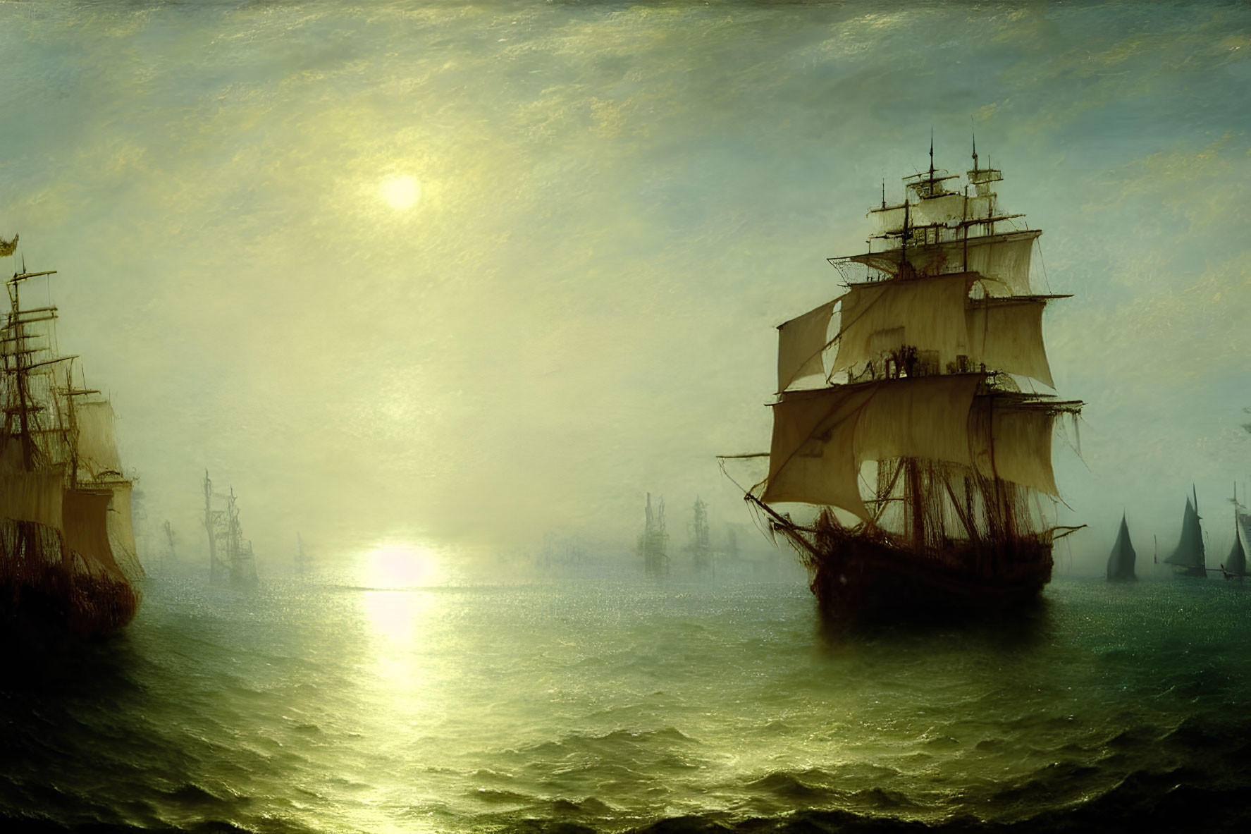Sailing ships on misty sea at sunset or sunrise
