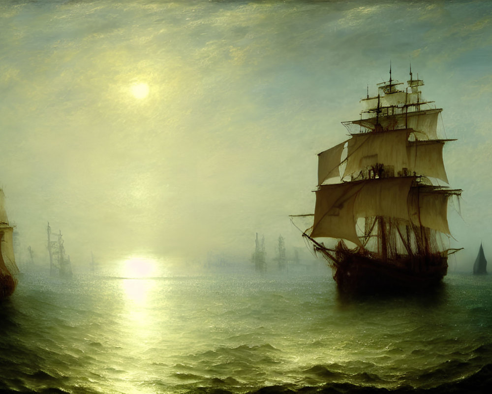 Sailing ships on misty sea at sunset or sunrise