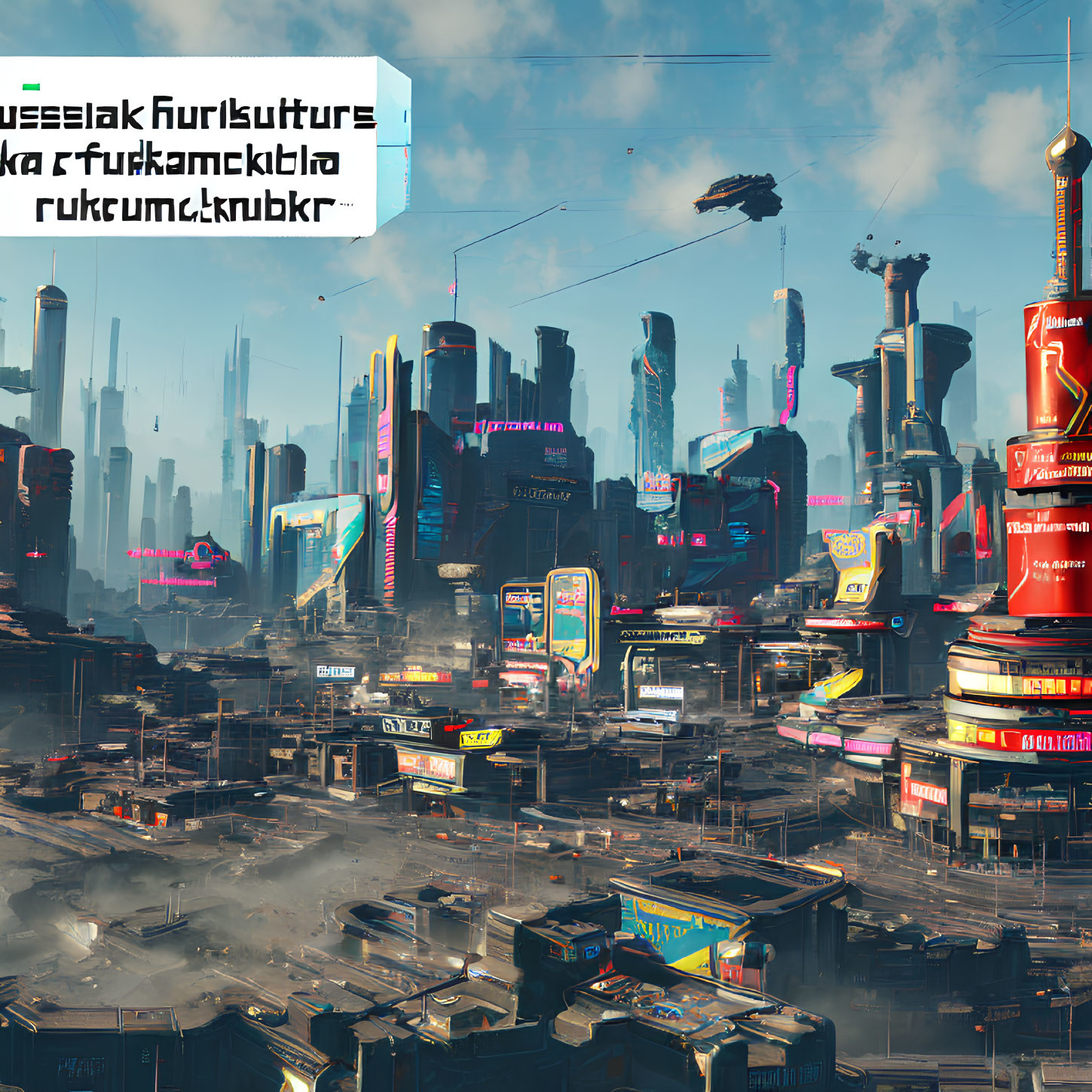 Futuristic cityscape with skyscrapers, neon signs, flying vehicles