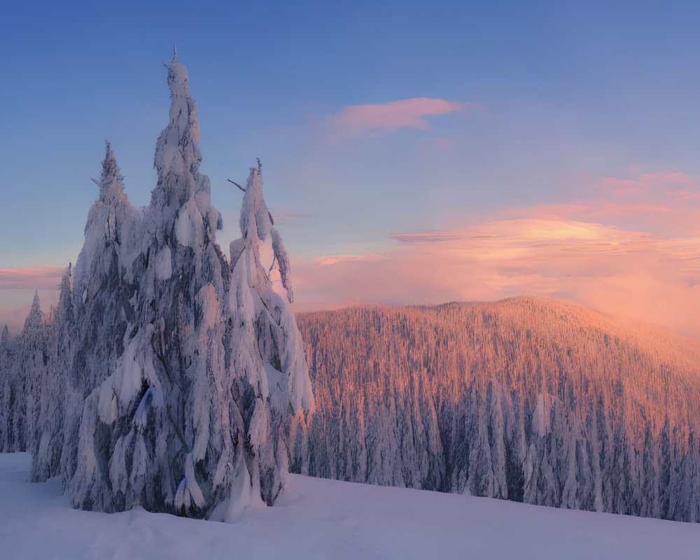 Winter sunset scene: snow-covered trees, pink clouds, frosty mountain forest.