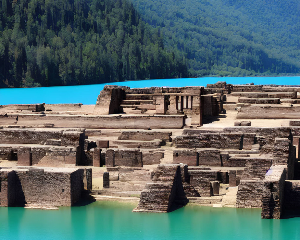 Tranquil turquoise lake with ancient ruins and lush green forests
