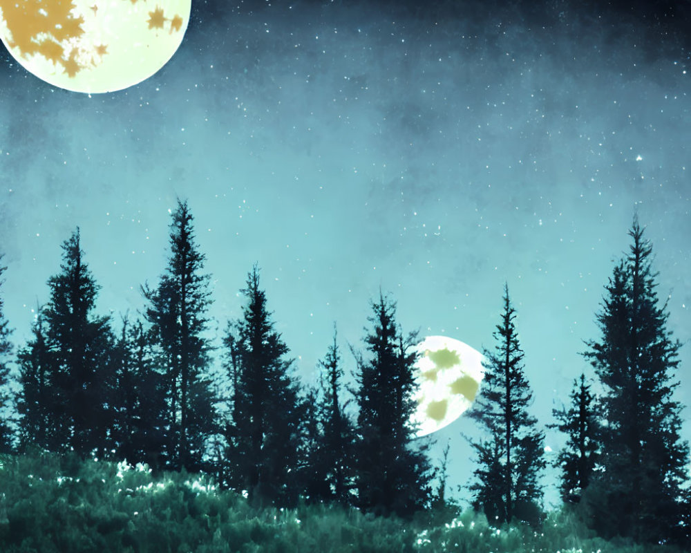 Starry night sky with two moons and pine tree silhouettes