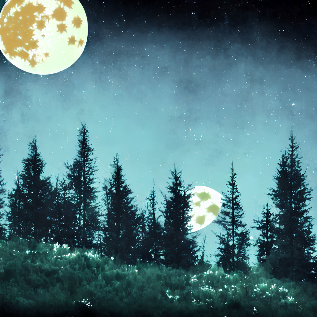 Starry night sky with two moons and pine tree silhouettes