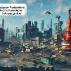 Futuristic cityscape with skyscrapers, neon signs, flying vehicles
