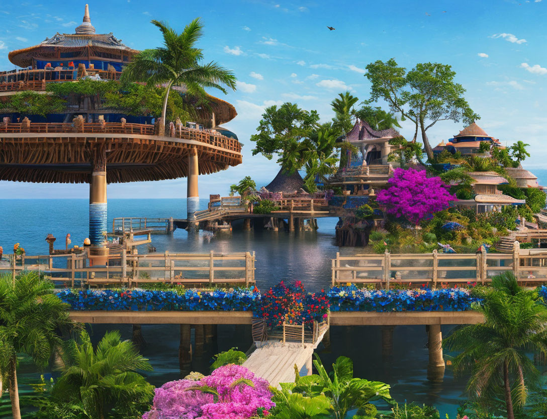 Tropical Resort with Wooden Pathways, Flowers, Huts, Skies, and Sea