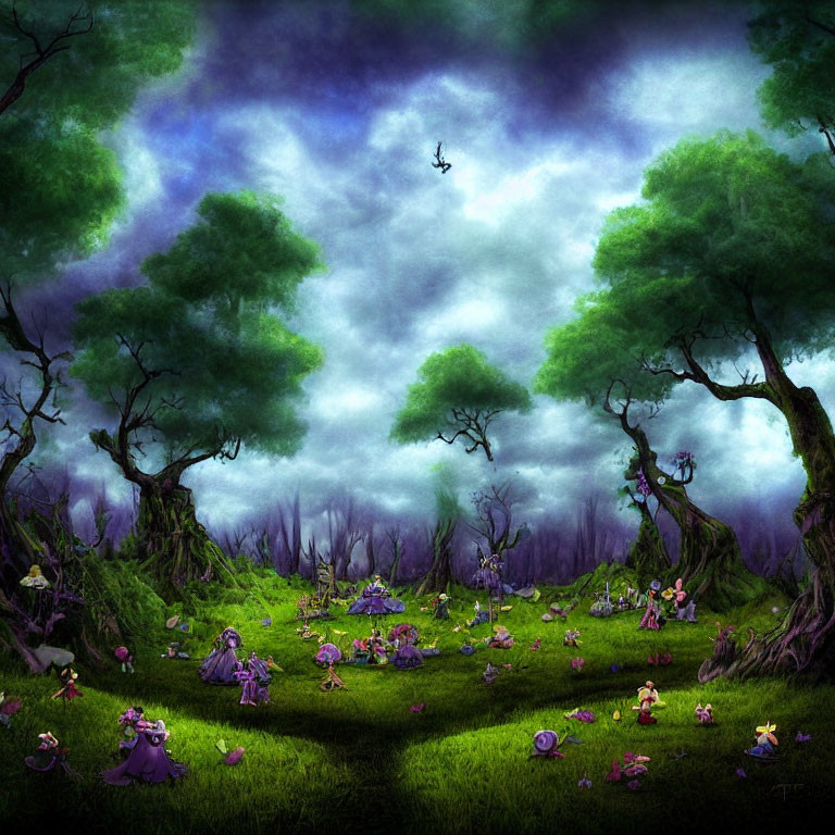 Ethereal forest clearing with whimsical trees and tiny humanoid figures
