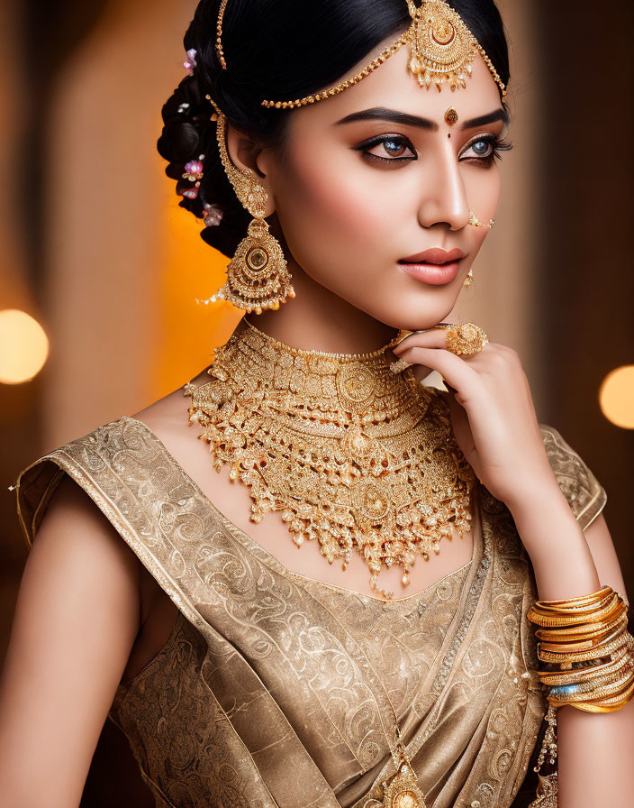 Traditional Indian Attire Woman with Elaborate Gold Jewelry