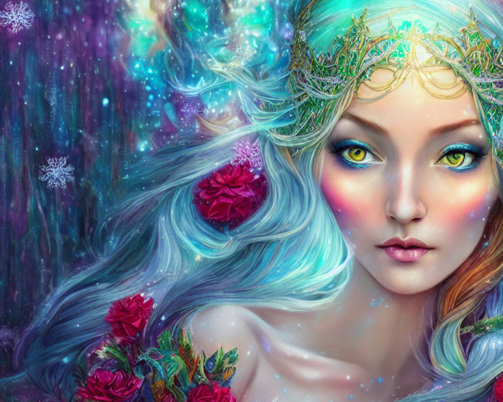 Fantasy portrait: Woman with silver hair and red roses, green tiara, cosmic background