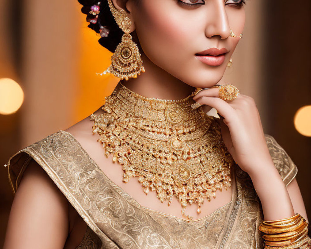Traditional Indian Attire Woman with Elaborate Gold Jewelry