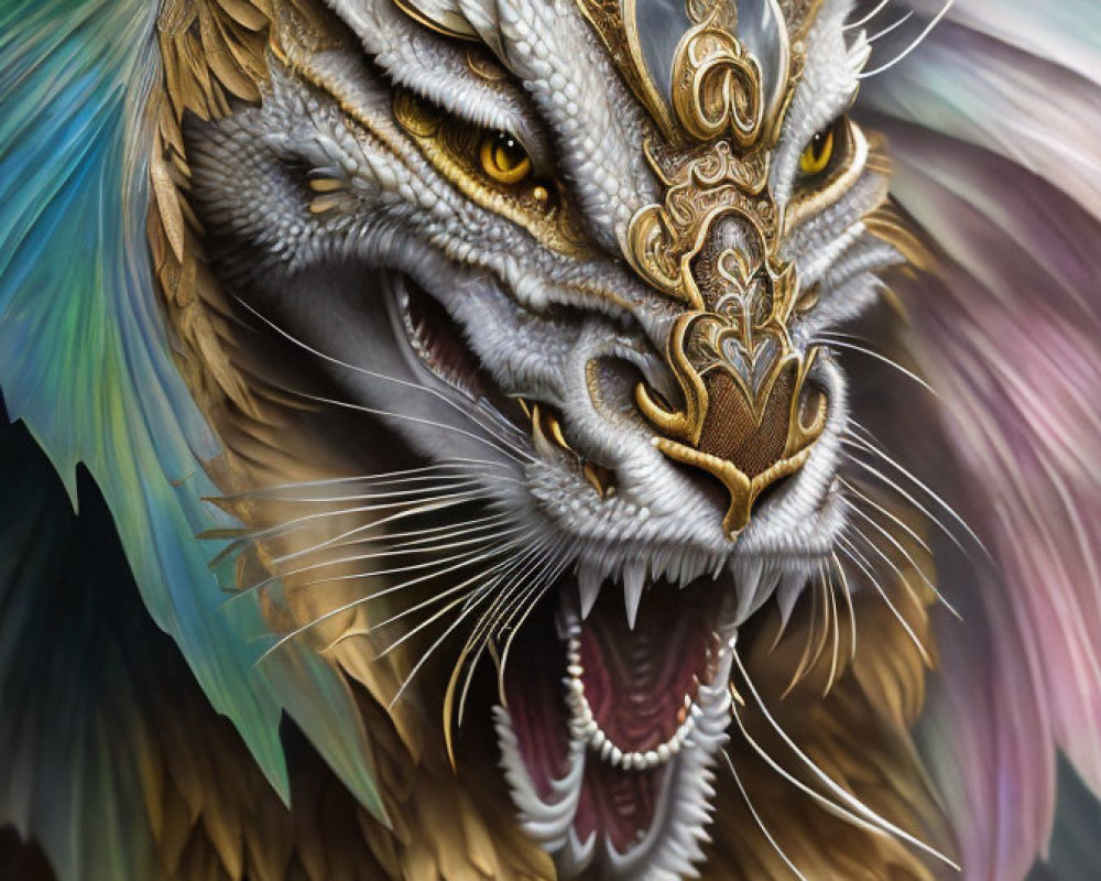 Detailed illustration of majestic dragon with multicolored feathers and metallic facial adornments