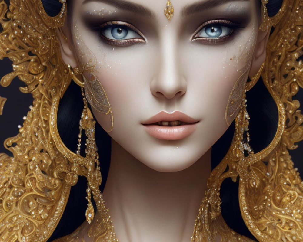 Digital Artwork: Woman with Blue Eyes, Gold Headdress, and Facial Tattoos