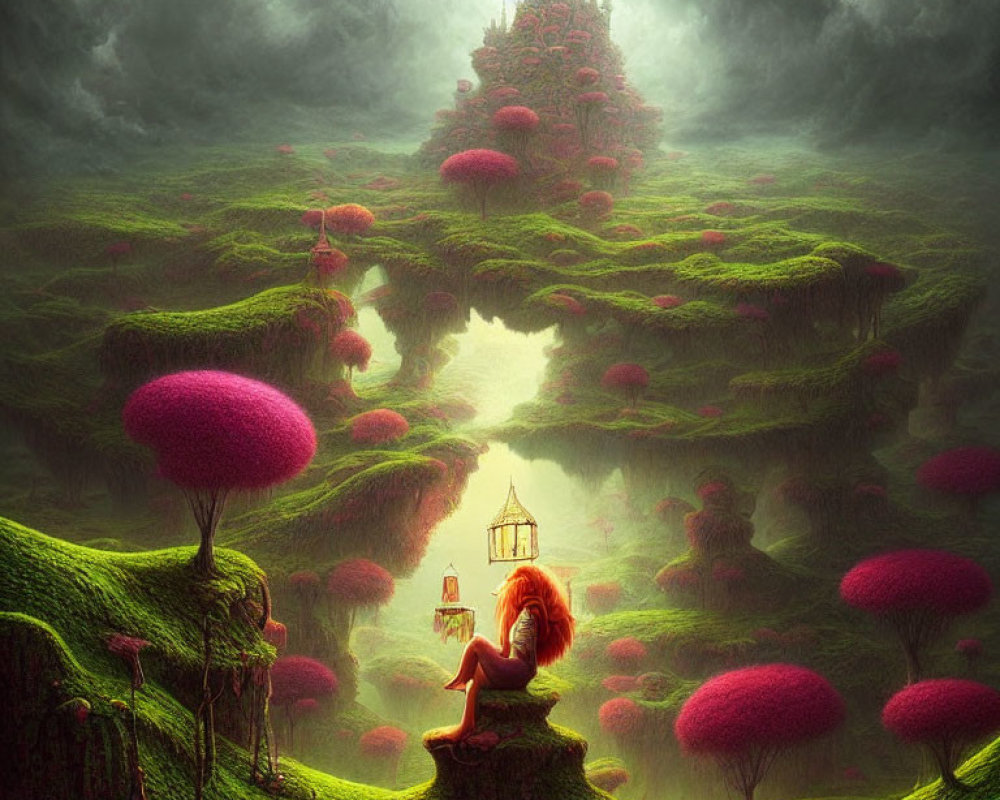 Mystical landscape with pink-topped trees, person by lantern-lit waterway, illuminated castle