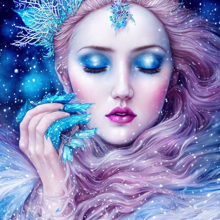 Stylized portrait of a woman with pastel hair and crystal adornments