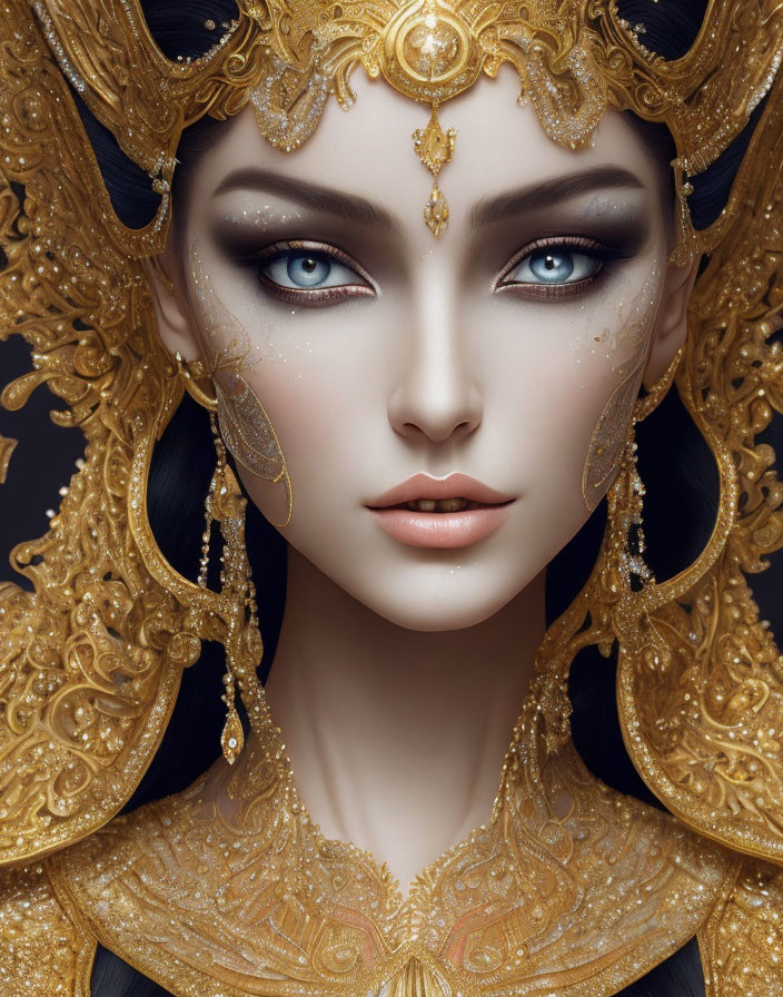 Digital Artwork: Woman with Blue Eyes, Gold Headdress, and Facial Tattoos