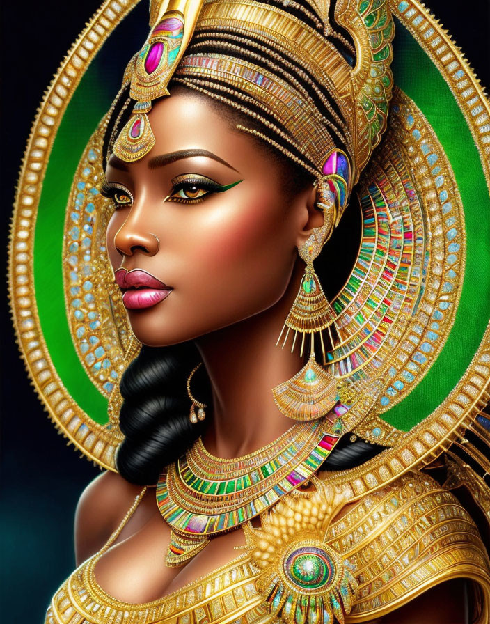 Detailed Portrait of Woman as Egyptian Queen with Golden Headdress