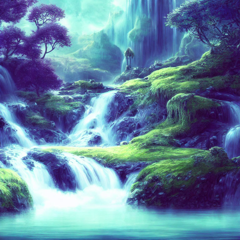 Tranquil misty landscape with lush greenery and waterfalls