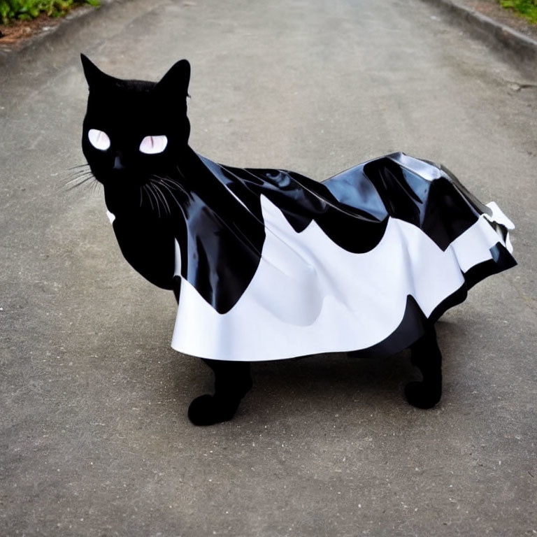 Exaggerated black and white cat sculpture on concrete path