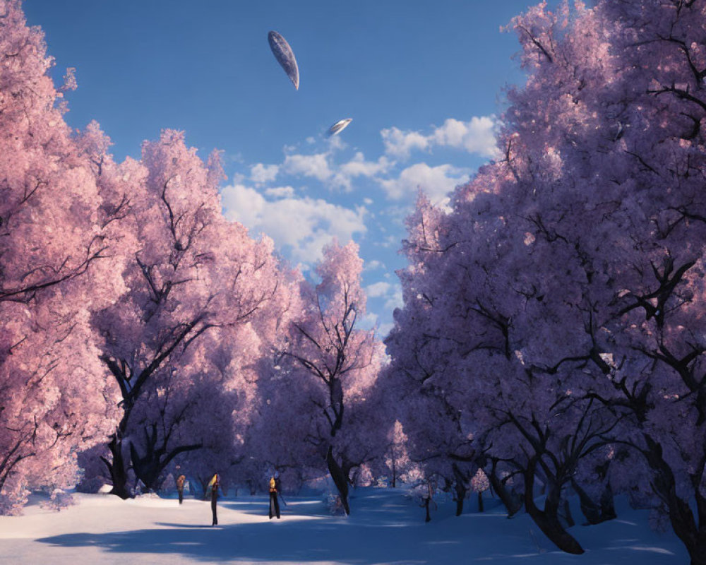 Winter landscape with pink blossoming trees, snow, people, and UFOs