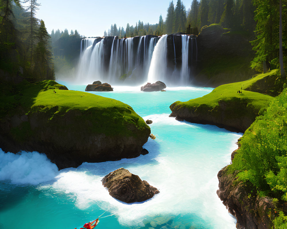 Majestic Waterfall Cascades into Turquoise River with Kayaker