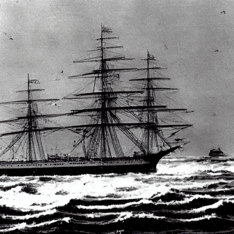 Vintage sailing ship with multiple masts on rough seas and birds in the sky