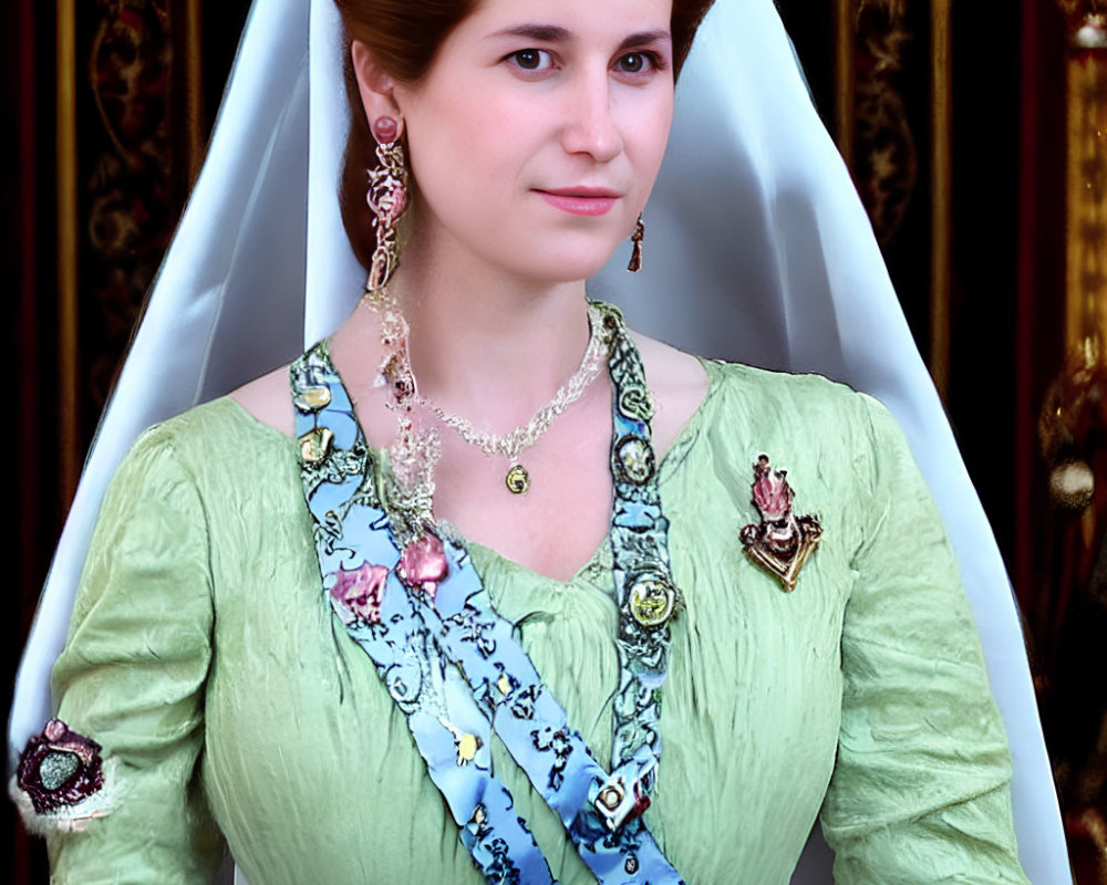 Historical royal woman in tiara, pearl jewelry, and sash against luxurious backdrop