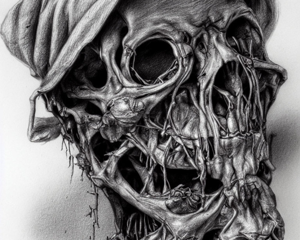 Detailed pencil drawing of skull with draped hat, intricate textures & shading