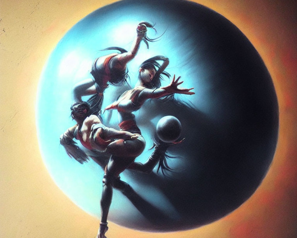 Stylized muscular figures in dynamic poses with glowing spheres