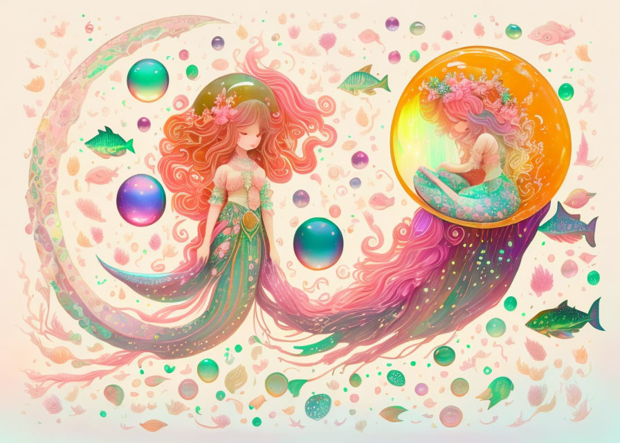 Illustration of two girls in dreamy setting with bubbles, fish, and petals
