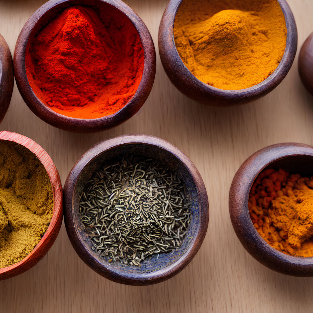 Vibrant spices in bowls on wooden table