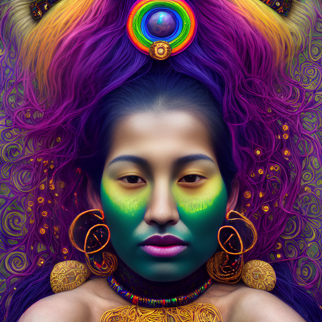 Colorful makeup and elaborate headdress in vibrant digital portrait