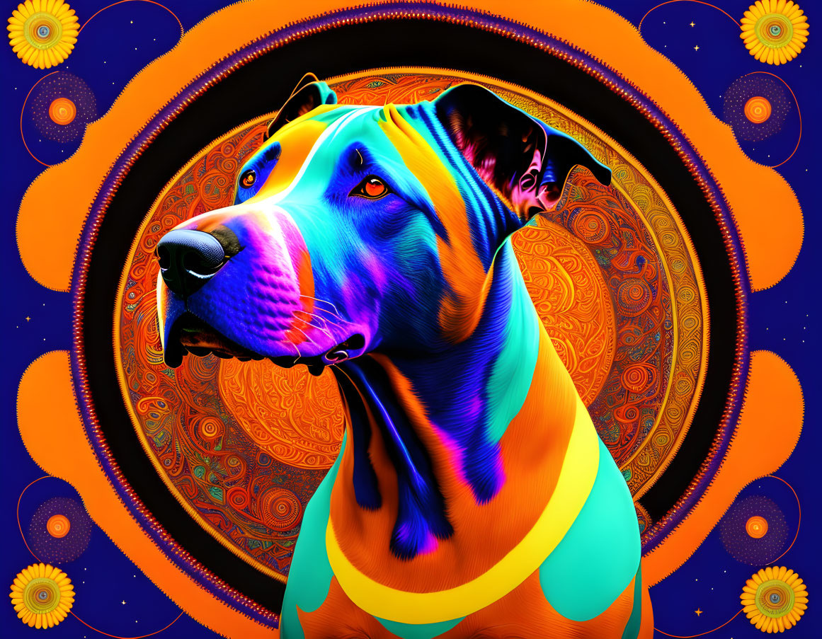 Colorful Digital Artwork: Neon Dog with Psychedelic Orange and Blue Patterns