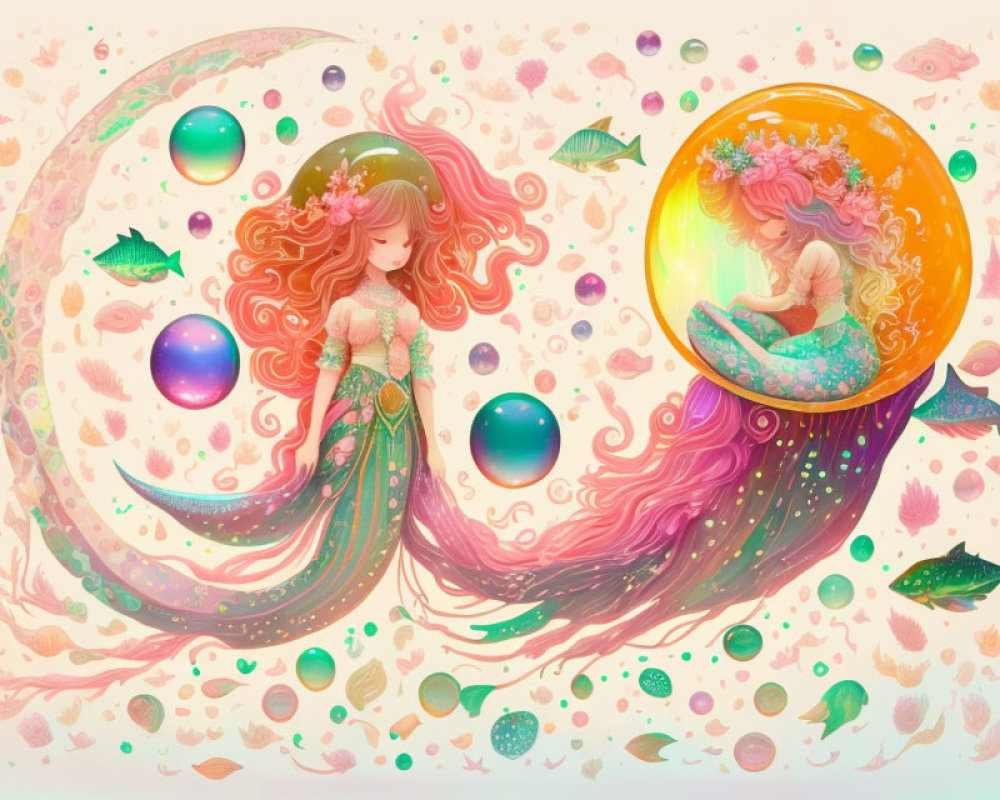 Illustration of two girls in dreamy setting with bubbles, fish, and petals