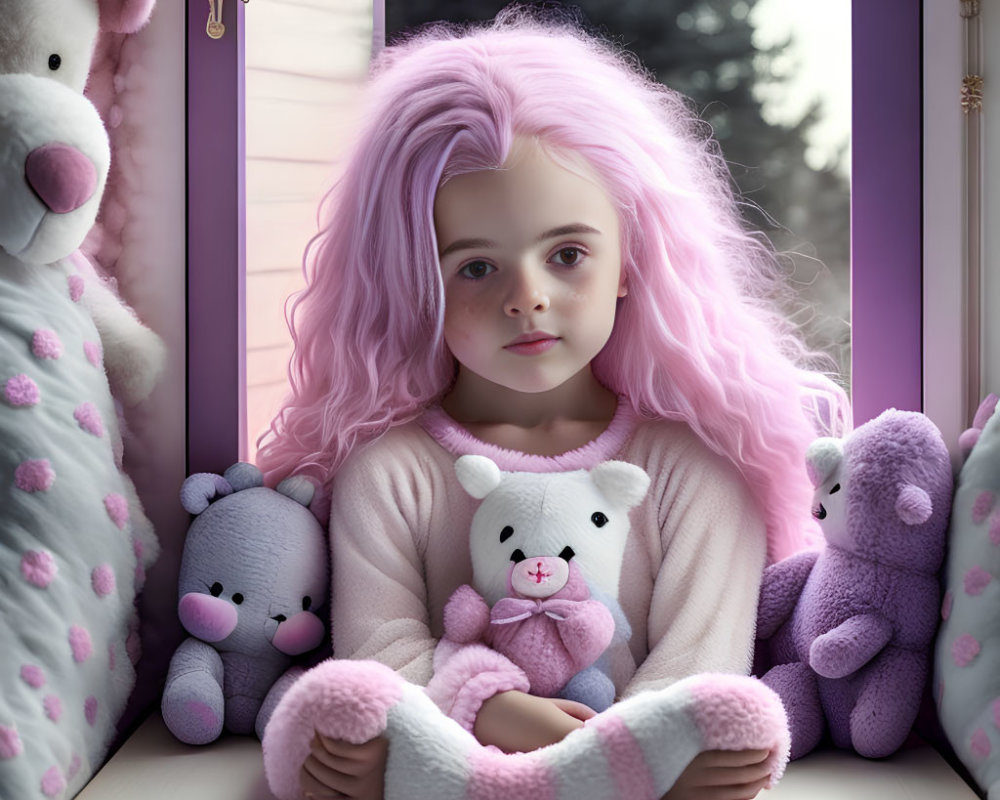 Pink-haired girl surrounded by lavender and gray teddy bears at window.