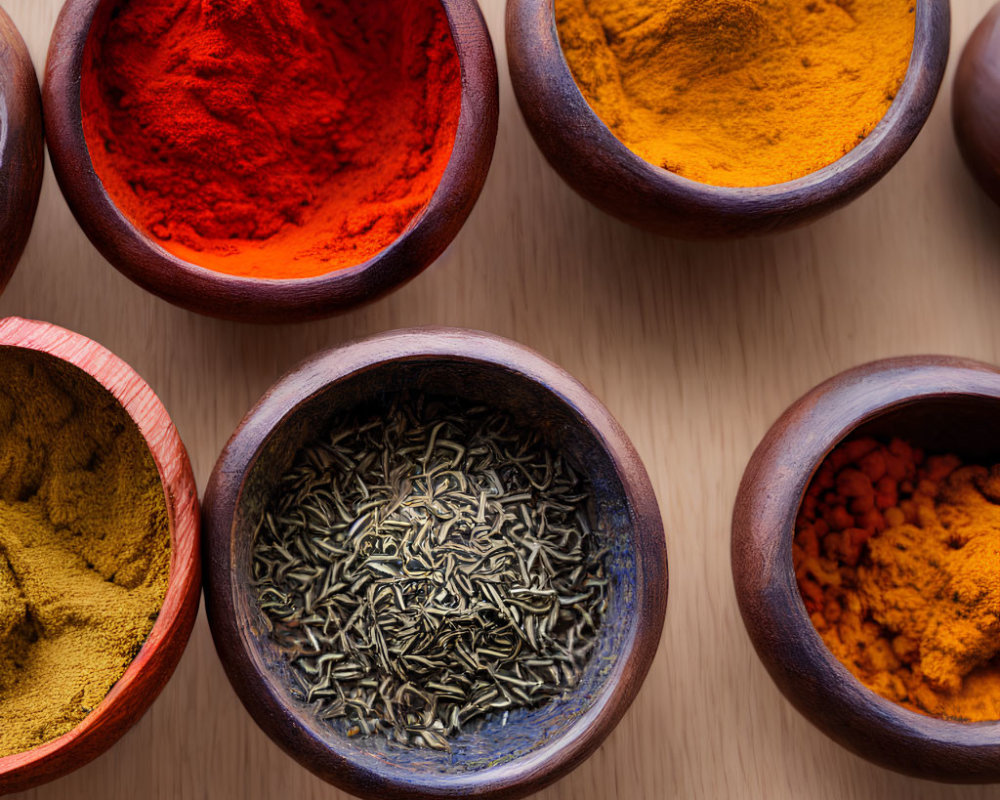 Vibrant spices in bowls on wooden table