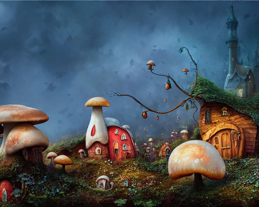 Whimsical landscape with mushroom houses under moody sky