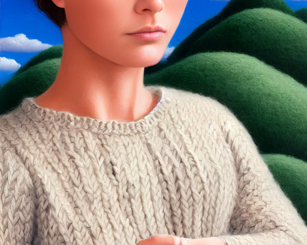 Woman in knitted sweater holding green yarn against scenic backdrop