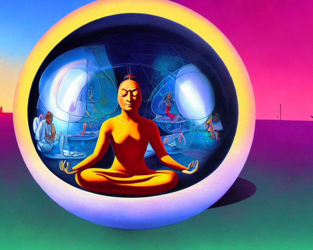 Person meditating in lotus position in transparent sphere at colorful sunset with surreal elements.