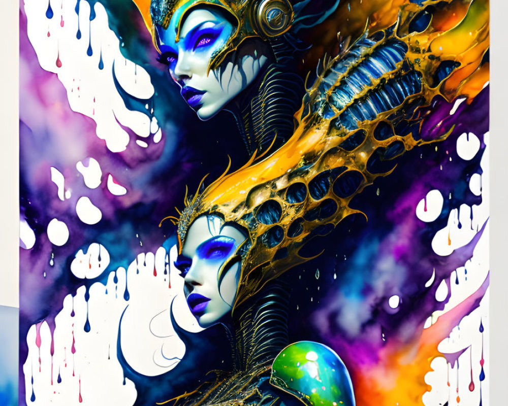 Colorful artwork featuring futuristic female figures with intricate headdresses against a psychedelic cosmic background.