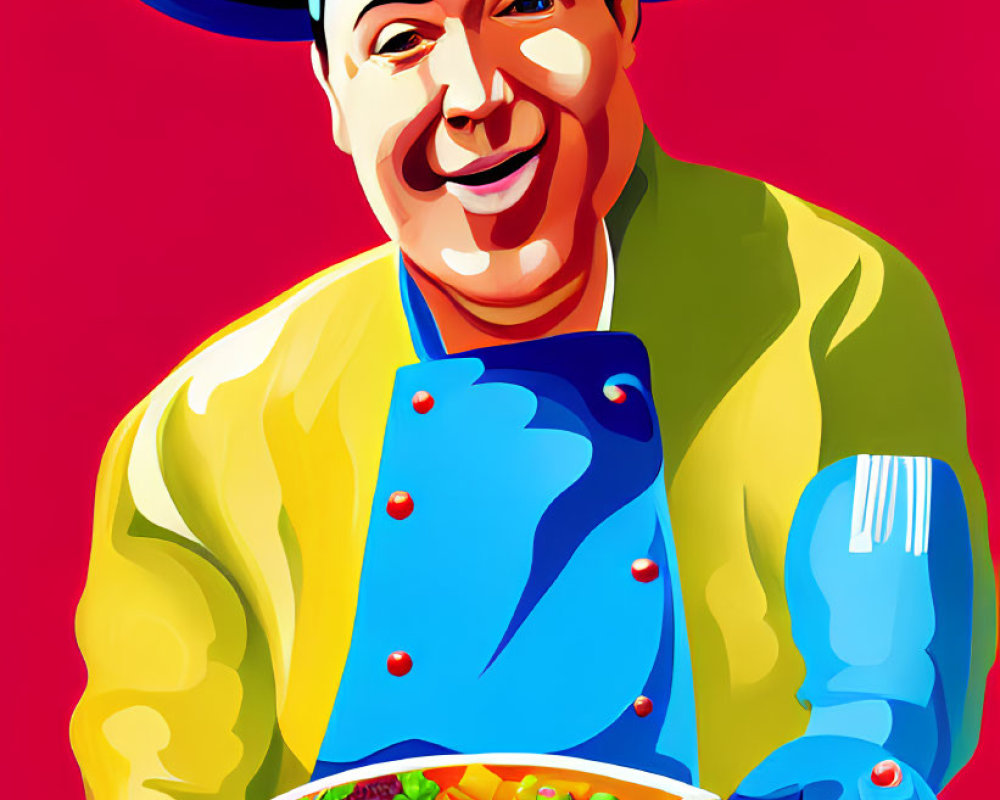 Smiling chef with fruits and vegetables on red background