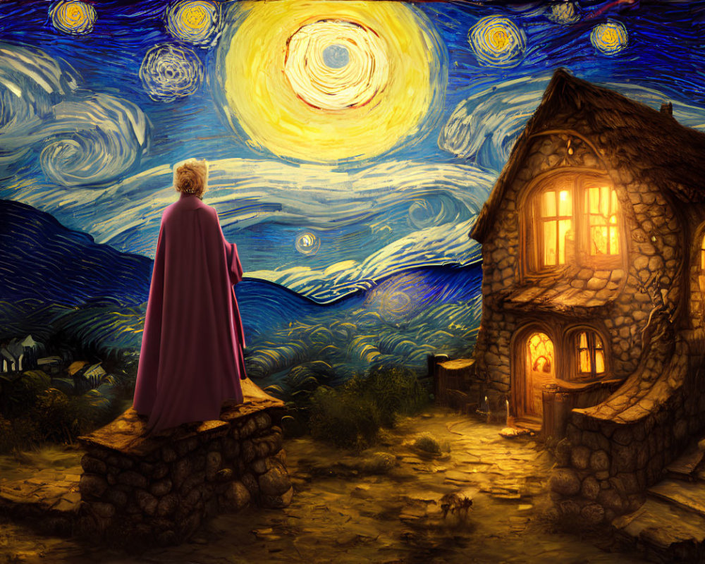 Red Cloaked Figure on Hill with Starry Night Sky and Cottage