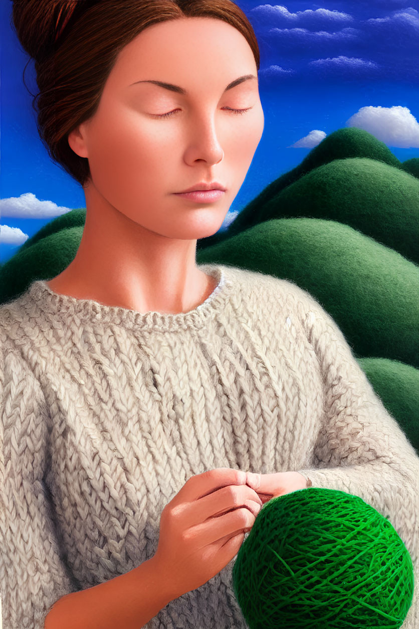 Woman in knitted sweater holding green yarn against scenic backdrop